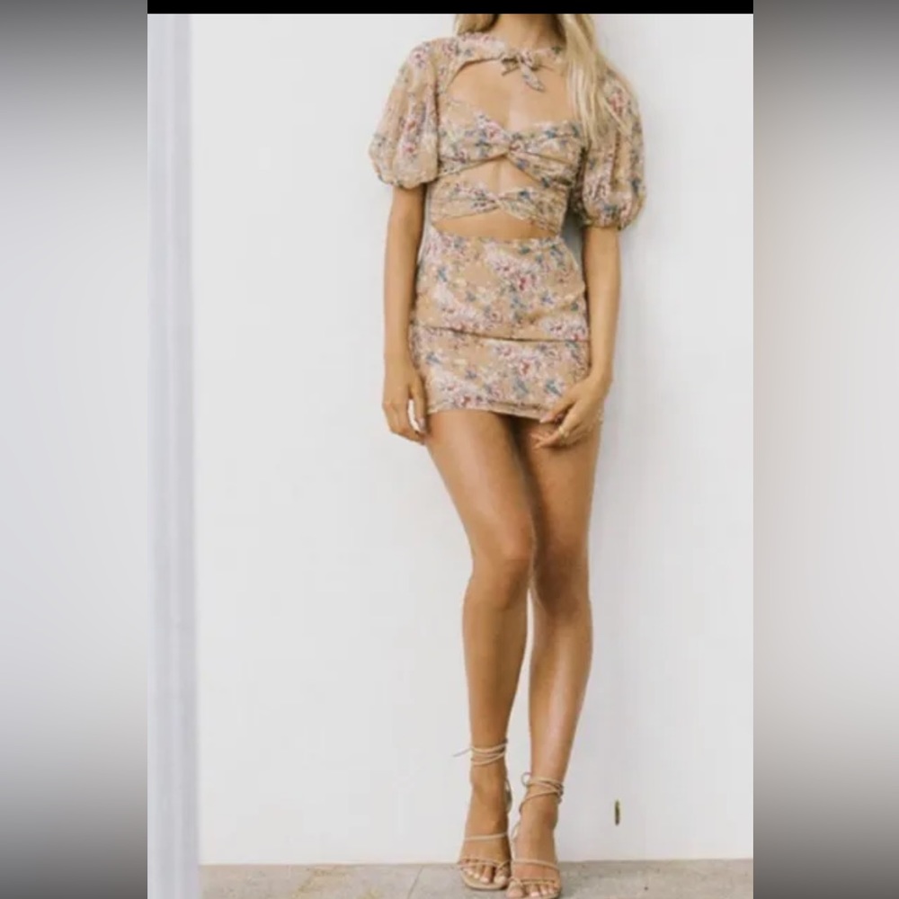 Floral Cutout Puff-Sleeve Mini Dress in Blush